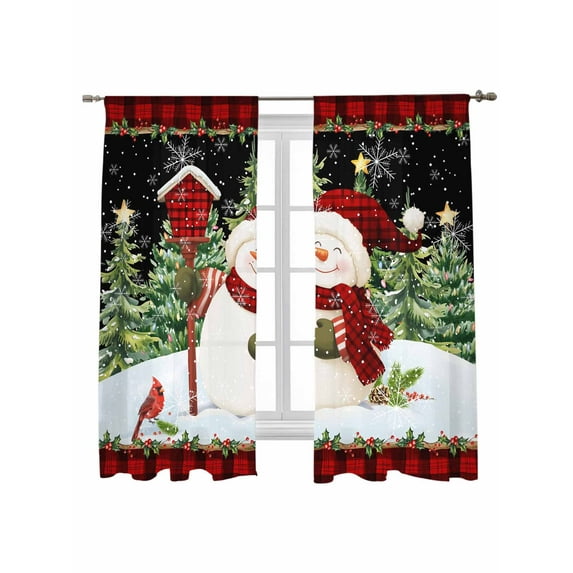Christmas Snowman Sheer Curtains 72 Inch Long 2 Panels, Xmas Tree Forest Snowflake Wood Red Plaid Black Light Filtering Rod Pocket Semi Sheer Curtains, Sheer Voile Drapes for Living Room, 52"x72"