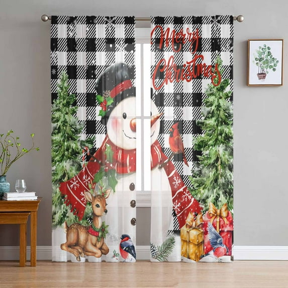 Christmas Snowman Sheer Curtains 72 Inches Long, Black Plaid Xmas Tree Elk Gifts Snowflake Light Filtering Window Curtains for Living Room, Rod Pocket Voile Sheer Curtain Drapes, 52"Wx72"L, 2 Panels