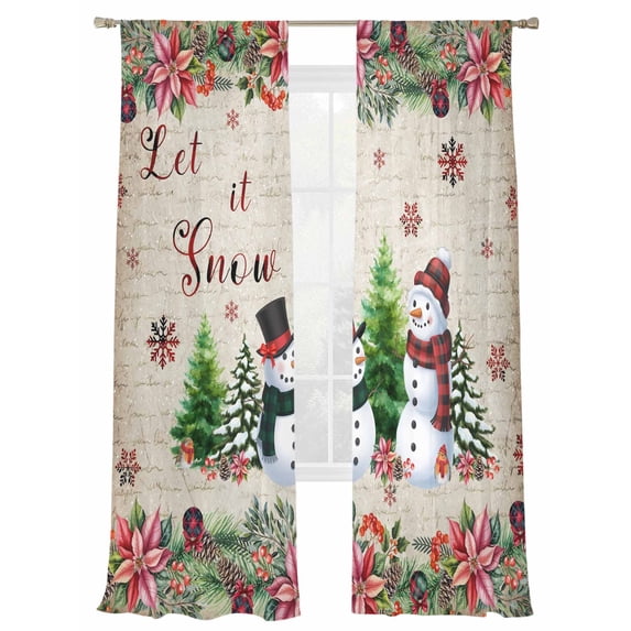 Christmas Snowman Sheer Curtains 84 inches Long, Winter Snow Pine Fruit Berries Flowers Retro Light Filtering Sheer Window Curtains Rod Pocket Voile Drapes for Bedroom Living Room, 2 Panels 52"Wx84"L