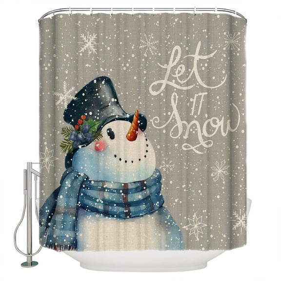 Christmas Snowman Shower Curtain, 36" x 72", Snowflake Grey Cotton and Linen Waterproof Bathroom Curtain Washable Shower Curtain Set with 12 Hooks