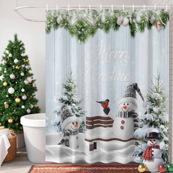 Christmas Snowman Shower Curtain, 36" x 72", Xmas Tree Snowflake Bird Winter Blue Board Waterproof Bathroom Curtain Washable Shower Curtain Set with 12 Hooks
