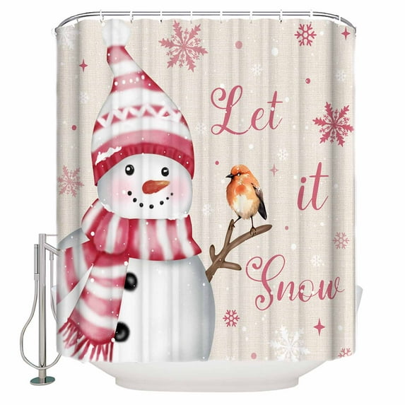 Christmas Snowman Shower Curtain, 48" x 72", Bird Snowflake Winter Pink Linen Texture Waterproof Bathroom Curtain Washable Shower Curtain Set with 12 Hooks