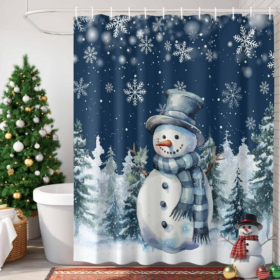 Christmas Snowman Shower Curtain, 60" x 72", Winter Tree Snowflakes Deep Blue White Waterproof Bathroom Curtain Washable Shower Curtain Set with 12 Hooks