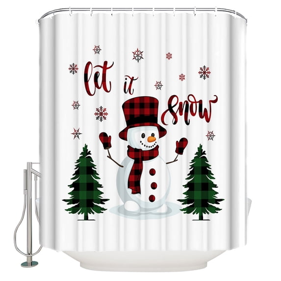 Christmas Snowman Shower Curtain, 72" x 72", Green Plaid Xmas Tree Waterproof Bathroom Curtain Washable Shower Curtain Set with 12 Hooks