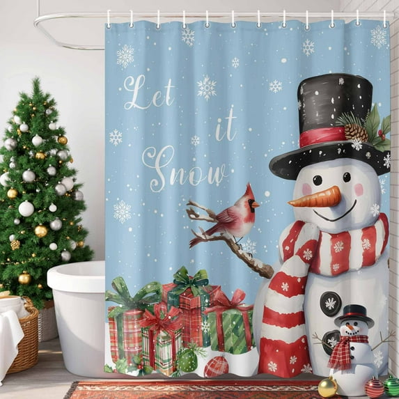 Christmas Snowman Shower Curtain, 72" x 72", Snowflake Gift Bird Winter Blue Waterproof Bathroom Curtain Washable Shower Curtain Set with 12 Hooks