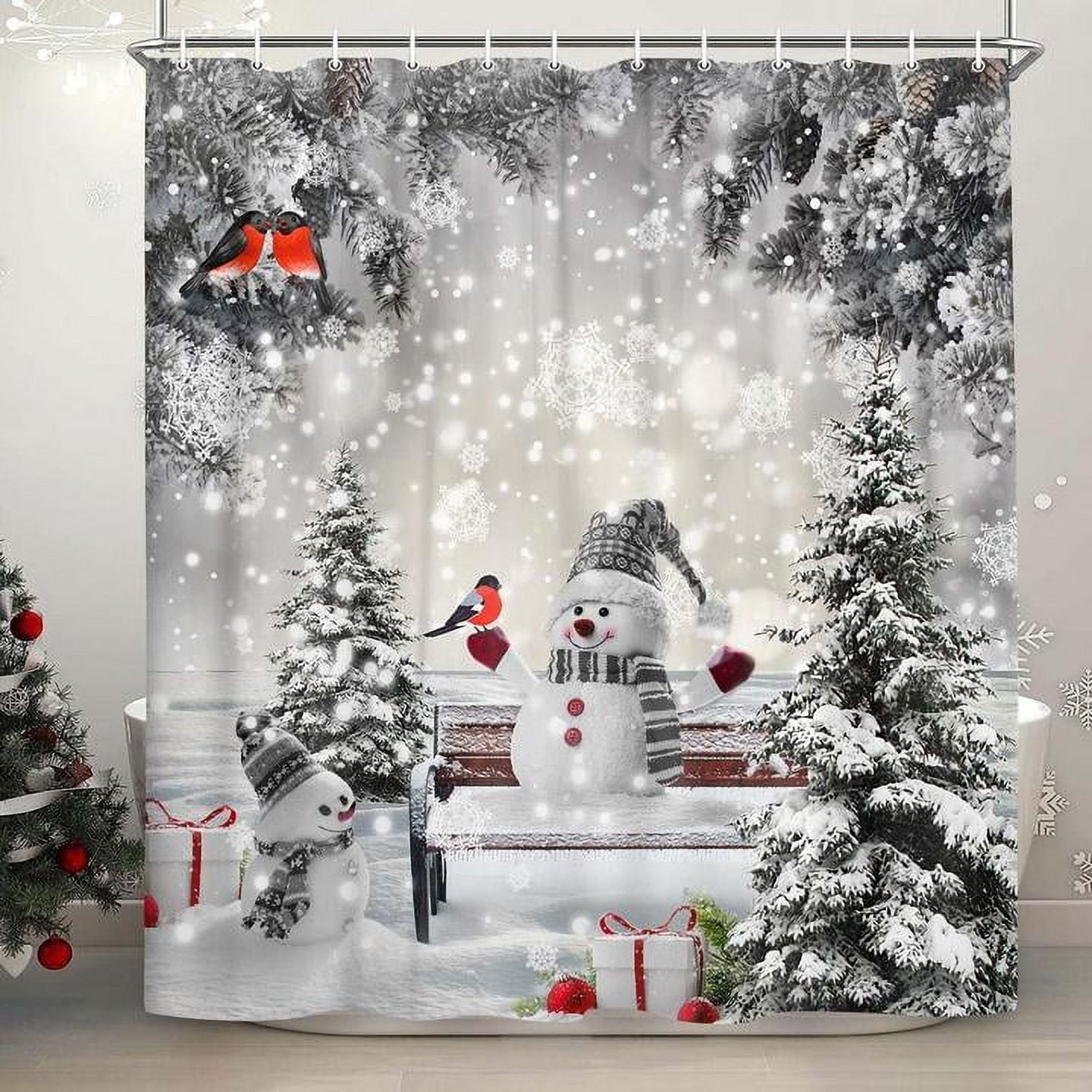 Shower Curtain - Afro Hair Doll Cat - Snowing Winter buy Red Birds