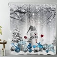 Christmas Snowman Shower Curtain, Blue Xmas Balls Gifts and Pine Tree