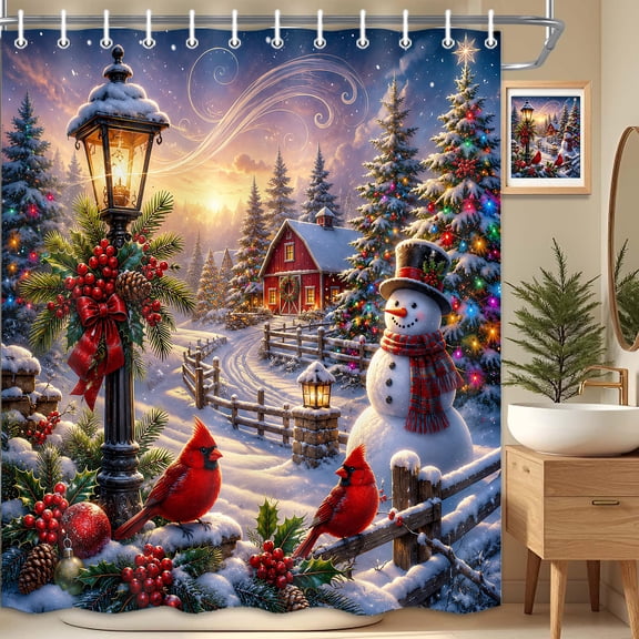 Christmas Snowman Shower Curtain, Cardinal Bird Bathroom Decor,69X70 IN