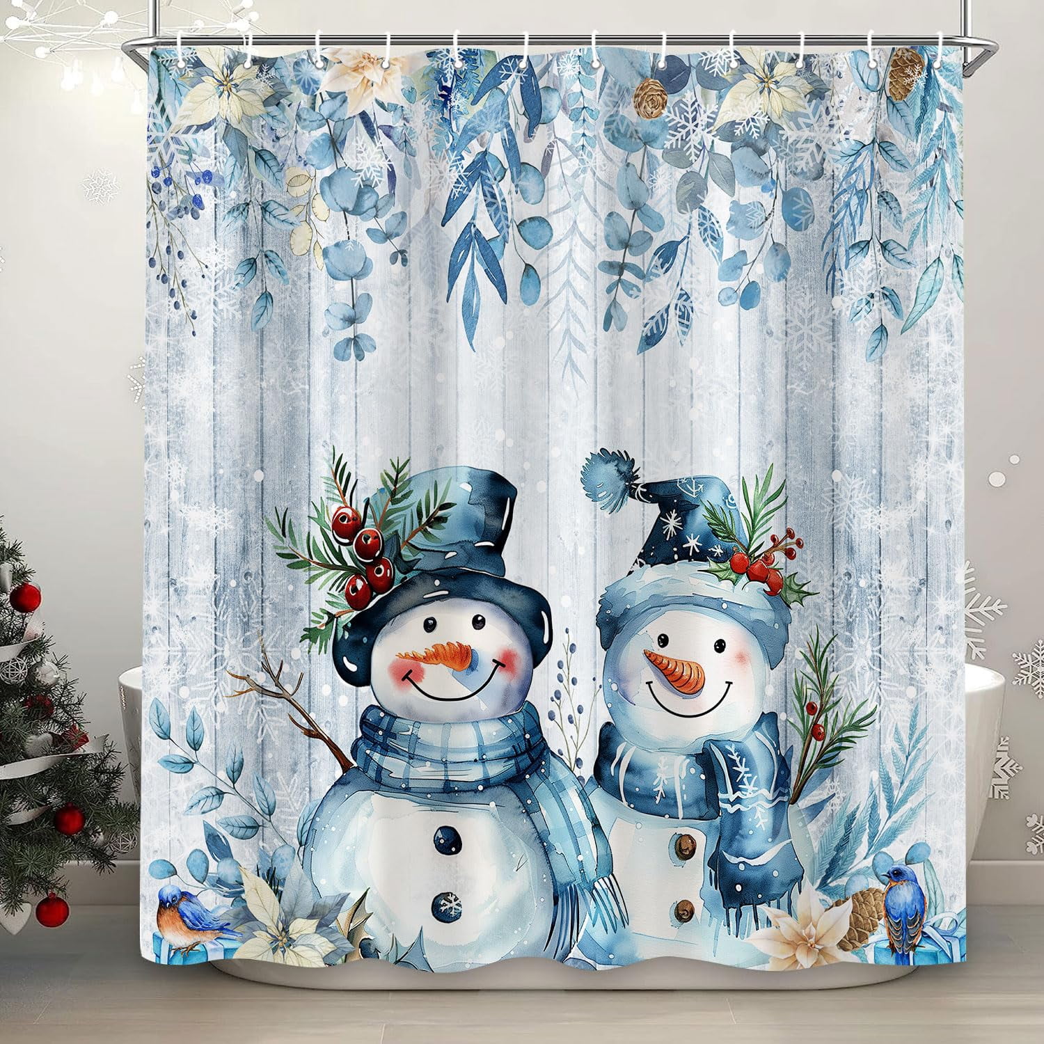 Christmas Snowman Shower Curtain, Cute Winter Snowflake Snowman Poinsettia Floral Eucalyptus Leaves Decoration, Xmas Shower Curtain for Bathroom with Hooks 72X72