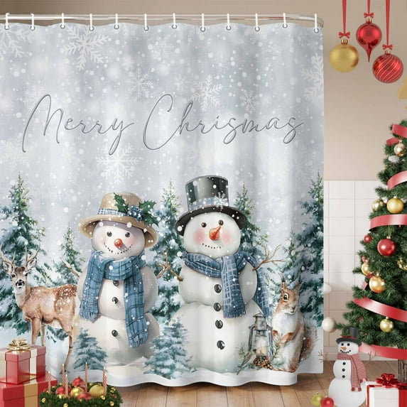 Christmas Snowman Shower Curtain, Grey Snowflake Xmas Forest Waterproof Fabric Shower Curtains with 12 Hooks, Bathroom Curtain Set for Bathroom Accessories Decor, 72 x 72 Inches