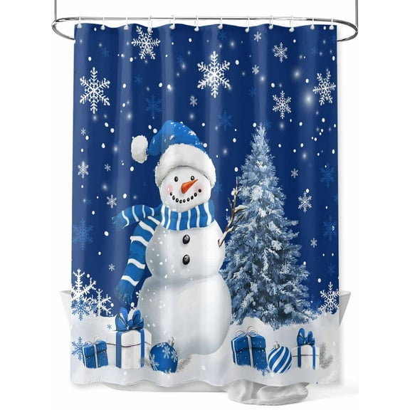 Christmas Snowman Shower Curtain Set ，Waterproof Fabric Shower Curtains Snowman Xmas Tree Snowflakes Navy Blue Shower Curtains for Bathroom,Bathroom Decor 36"x72"