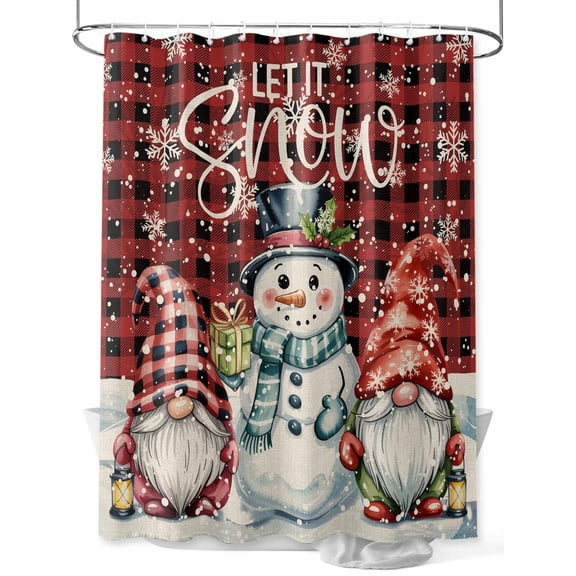 Christmas Snowman Shower Curtain Set, Waterproof Shower Curtains for Bathroom, Red Gnomes Snow Buffalo Plaid Washable Fabric Cloth Bath Curtain for Bathtub Decoration with Hooks 54x78 Inches