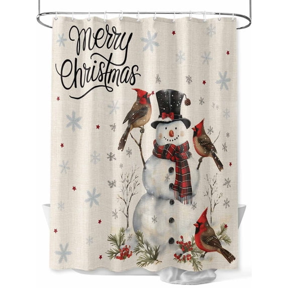 Christmas Snowman Shower Curtain Set, Waterproof Shower Curtains for Bathroom, Winter Xmas Snowflakes Cardinal on Linen Washable Fabric Cloth Bath Curtain for Bathtub with Hooks 48x72 Inches