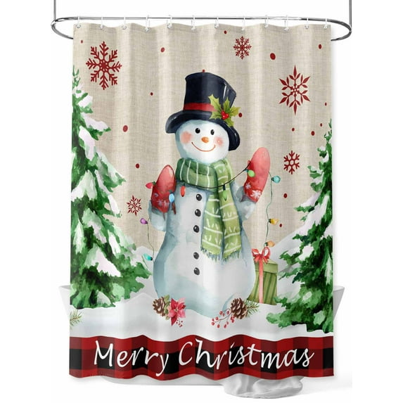 Christmas Snowman Shower Curtain Set, Waterproof Shower Curtains for Bathroom, Xmas Tree Snowflake Rustic Winter Washable Fabric Cloth Bath Curtain for Bathtub Decoration with Hooks 54x78 Inches