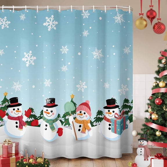 Christmas Snowman Shower Curtain, Teal Blue Xmas Tree Winter Snowflakes Waterproof Fabric Shower Curtains with 12 Hooks, Bathroom Curtain Set for Bathroom Accessories Decor, 36 x 72 Inches