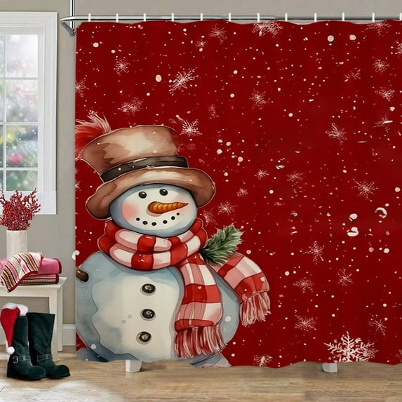 Christmas Snowman Shower Curtain Waterproof Bathroom Decor Holiday Themed Polyester Fabric with Hooks for Bathtub Enclosure Seasonal Festive Home Decoration
