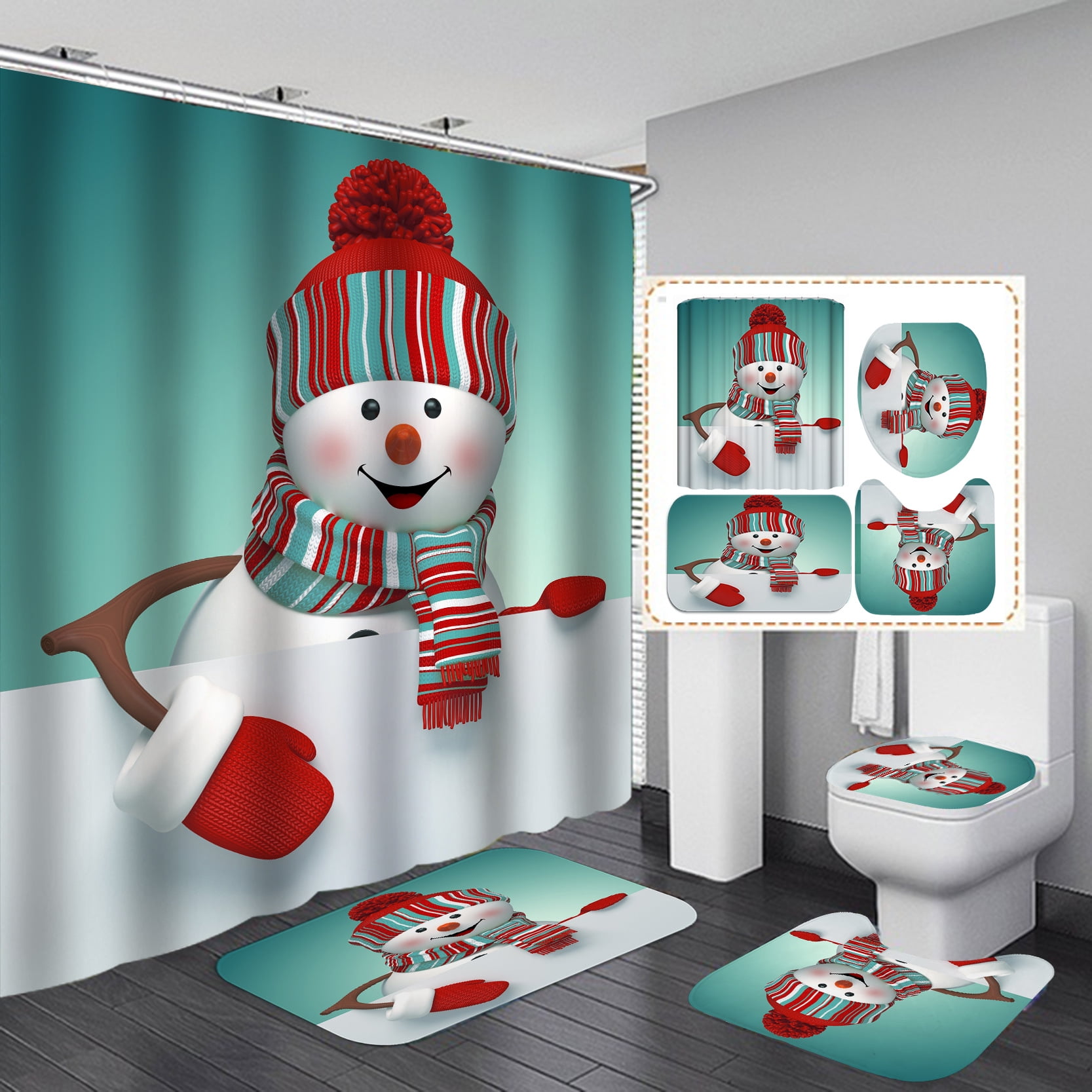 Christmas Snowman Shower Curtain,Winter Snowflake Holiday Xmas Fabric