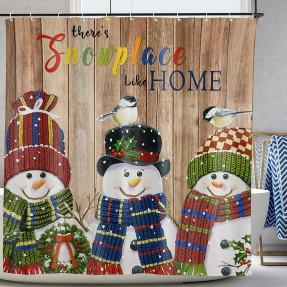 Christmas Snowman Shower Curtain Winter Snowflake Xmas Wreath Pine Trees Branch Rustic Farmhouse Bathroom Curtain 72x72Inch
