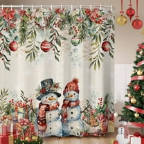 Christmas Snowman Shower Curtain, Xmas Poinsettia Winter Holiday Gifts Waterproof Fabric Shower Curtains with 12 Hooks, Bathroom Curtain Set for Bathroom Accessories Decor, 54 x 78Inches