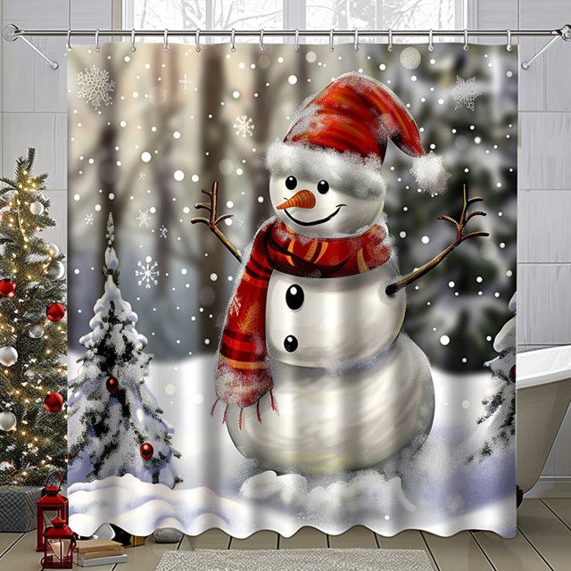 Christmas Snowman Shower Curtain with Hat and Scarf in Snowy Landscape