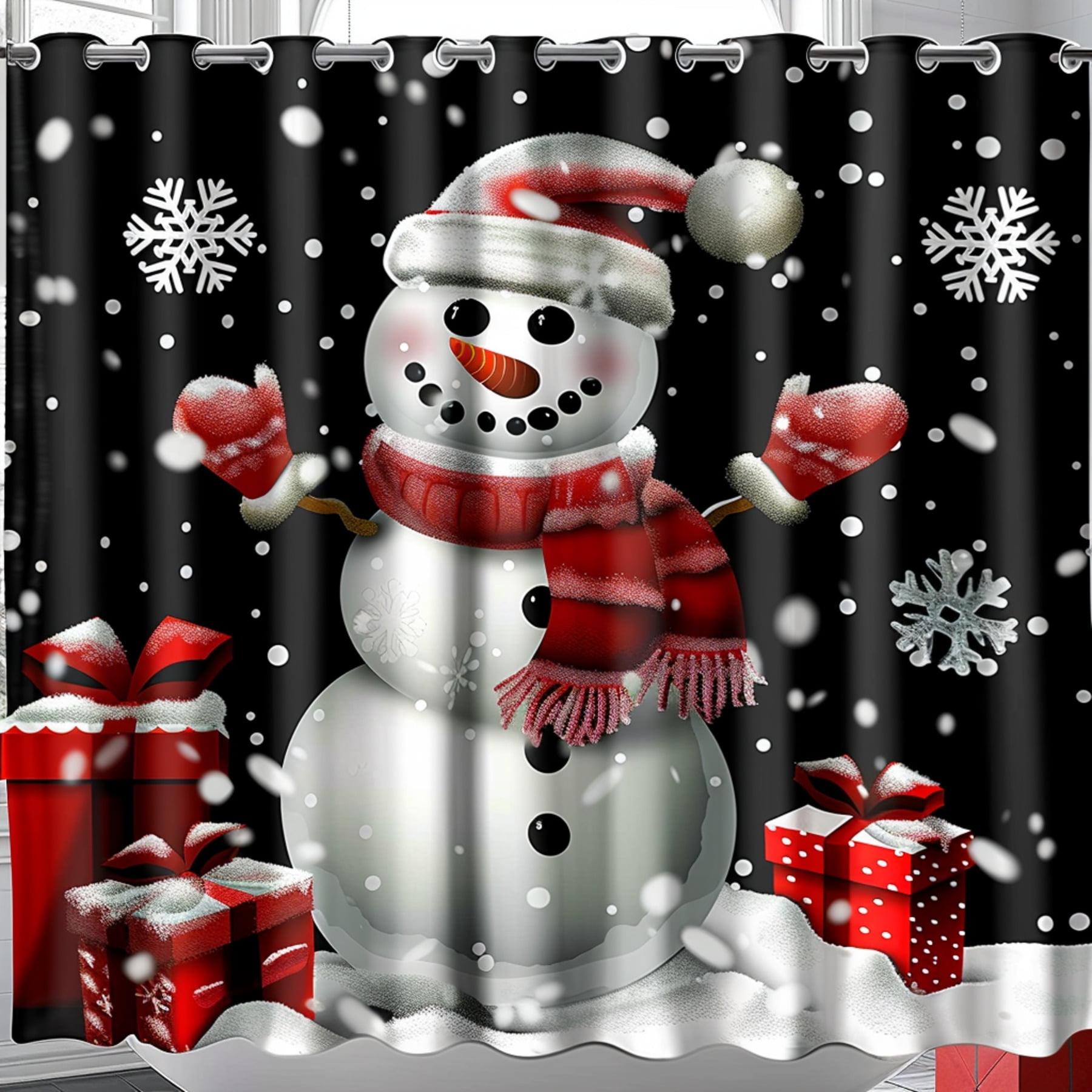 Christmas Snowman Shower Curtain with Red Scarf and Hat Gifts White