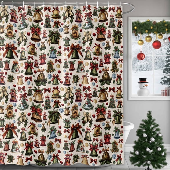 Christmas Snowman Shower Curtains for Bathroom, Spruce Leaves Bell Balls Bells Beige Linen Waterproof Fabric Shower Curtain for Bathroom Bathtub Decoration, Machine Washable, 54x"78"