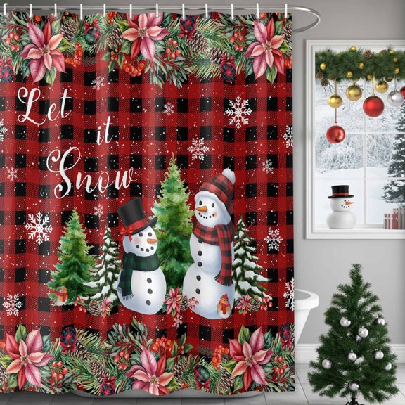 Christmas Snowman Shower Curtains for Bathroom, Winter Snow Pine Fruit Berries Flowers Red Stripes Waterproof Fabric Shower Curtain for Bathroom Bathtub Decoration, Machine Washable, 72"x72"