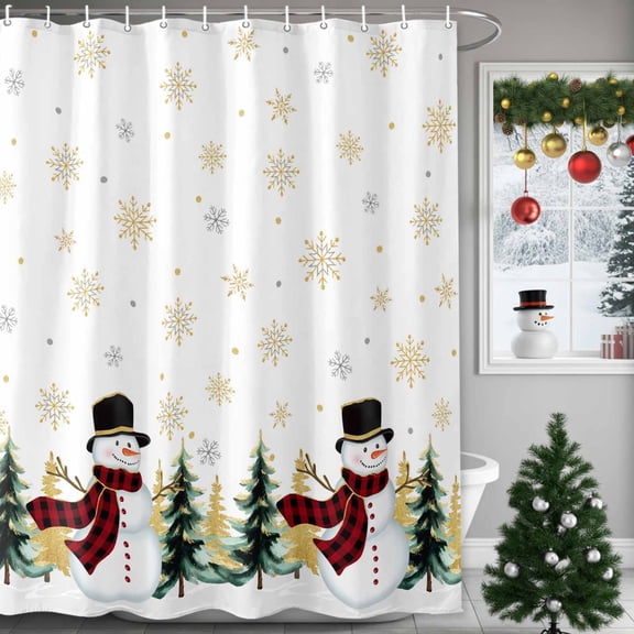 Christmas Snowman Shower Curtains for Bathroom, Winter Tree Gold Snowflakes Waterproof Fabric Shower Curtain for Bathroom Bathtub Decoration, Machine Washable, 60"x72"
