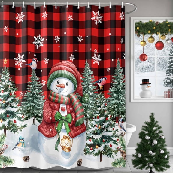 Christmas Snowman Shower Curtains for Bathroom, Winter Xmas Trees Bird Snowflakes Red Plaid Waterproof Fabric Shower Curtain for Bathroom Bathtub Decoration, Machine Washable, 72"x72"