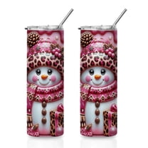 Christmas Snowman Skinny Coffee Cup with Lid and Straw, Leopard Style Stainless Steel Insulated Tumbler Mug for Winter Holiday Gifts