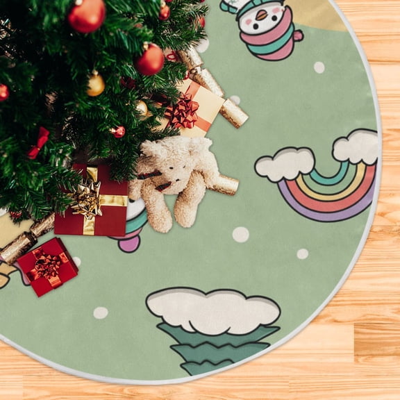 Christmas Snowman Sledding Rainbow Clouds Christmas Tree Skirt Opening Design Floor Protection Holiday Decor 35.4" Diameter S