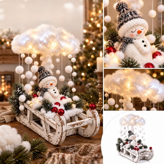 Christmas Snowman Sleigh Light, Winter Scene Decoration with Snow Cloud for Mantel, Shelf and Table