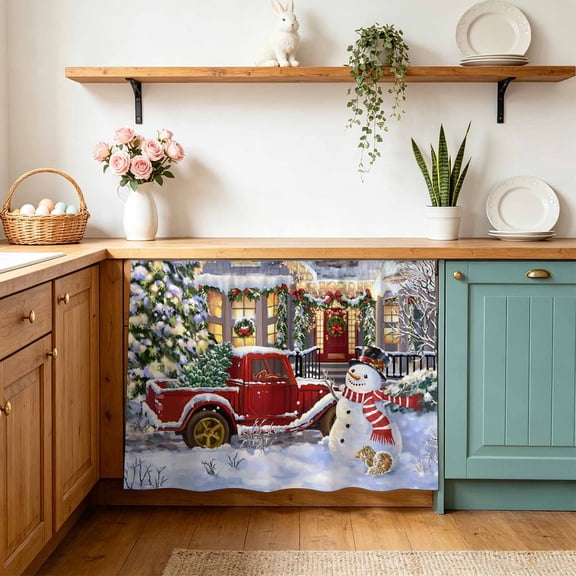 Christmas Snowman Small Sink Skirt 10"Wx11"L, Dustproof Under Sink Curtain with Self Adhesive Tape, Xmas White Snowflake House Car Cabinet Curtain Cover for Bathroom Vanity, Kitchen Storage Shelf, RV