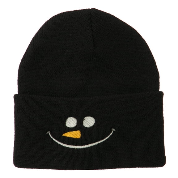 Christmas Snowman Smile Embroidered Beanie - Black OSFM