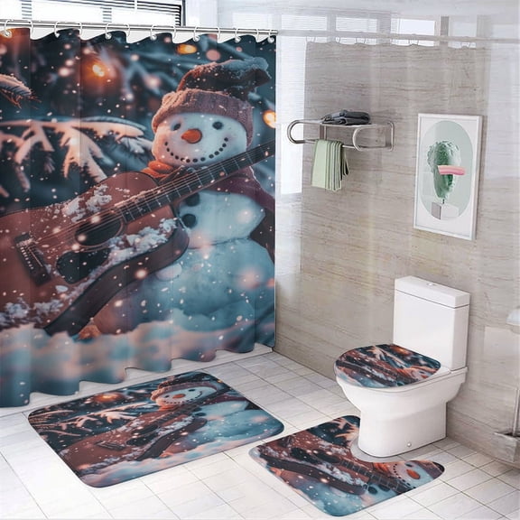 Christmas Snowman Snow House 4PCS Shower Curtain Sets with Rugs with Non-Slip Bath Mat Toilet Rug，72" X 72"