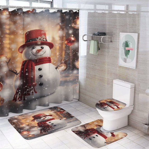 Christmas Snowman Snow House 4Pcs Shower Curtain Set Shower Curtain Set with Carpet Bath Mat