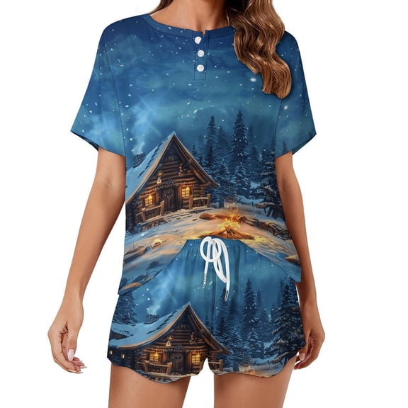 Christmas Snowman Snow House Pajama Set for Women 2 Piece Sleepwear Loungewear Short Sleeve