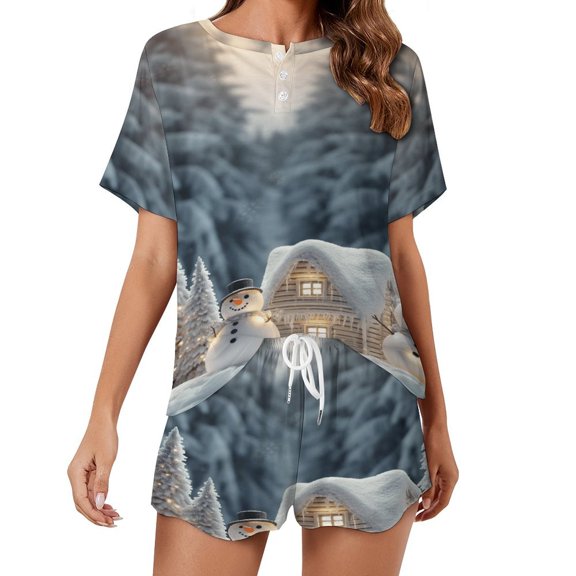 Christmas Snowman Snow House Pajama Set for Women 2 Piece Sleepwear Loungewear Short Sleeve