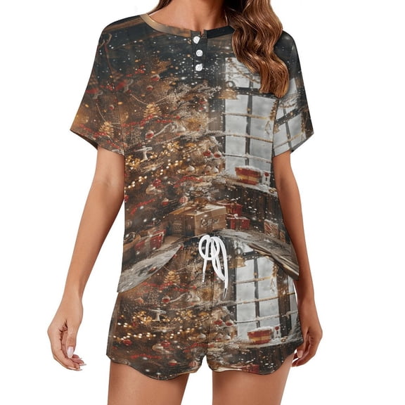 Christmas Snowman Snow House Pajamas Set Womens Loungewear Sleepwear 2 Piece PJ Sets