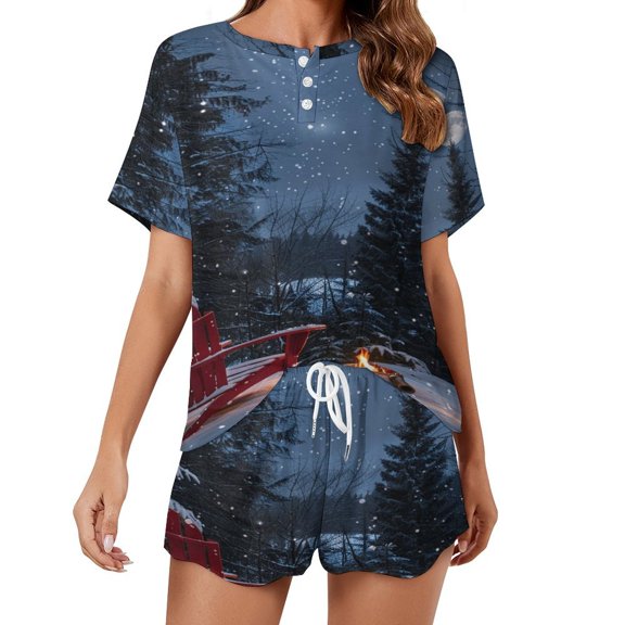 Christmas Snowman Snow House Print Women'S Pajamas Set Summer Sleepwear Sets 2 Piece Lounge Set
