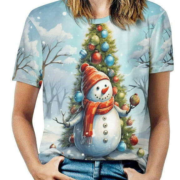 Christmas Snowman Snow House Women's T-Shirt Short Sleeve T Shirts Tops Tee Ladies Loose T