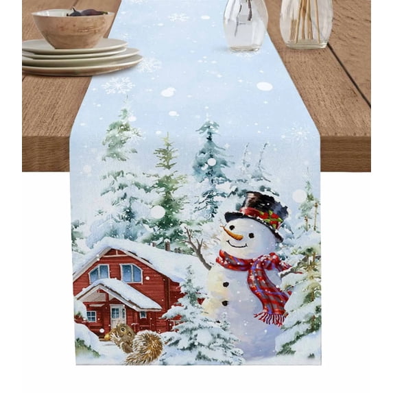 Christmas Snowman Snow Scene Farm Table Runner Cotton Linen Wedding Decor Tablecloth Home Christmas Table Decor Table Runner