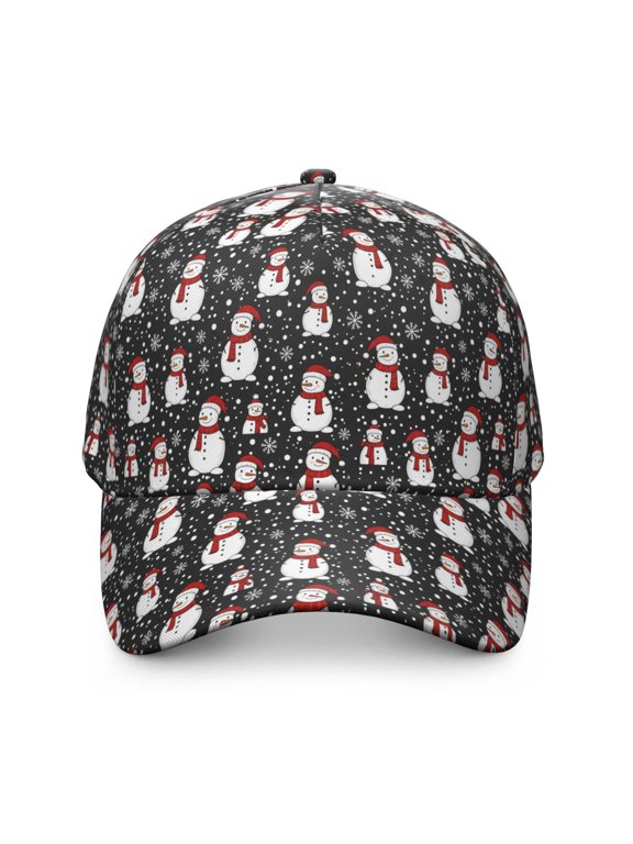 Christmas Snowman Snowflake Dot Pattern Baseball Cap, Structured Flat Bill Hat with Snap Closure & Sweatband, Breathable Eyelets Gifts for Unisex Men Women