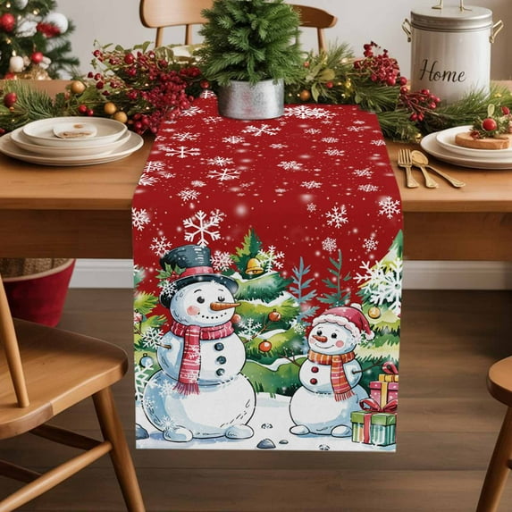 Christmas Snowman Snowflake Table Runner 18x72in Non-Slip Cotton Linen Table Runners, Pine on Red Background Dresser Scarves TableRunner for Dinner Kitchen Dining Wedding Party
