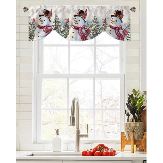 Christmas Snowman Snowflake Window Curtain for Living Room Christmas Kitchen Cabinet Tie-up Valance Curtain Rod Pocket