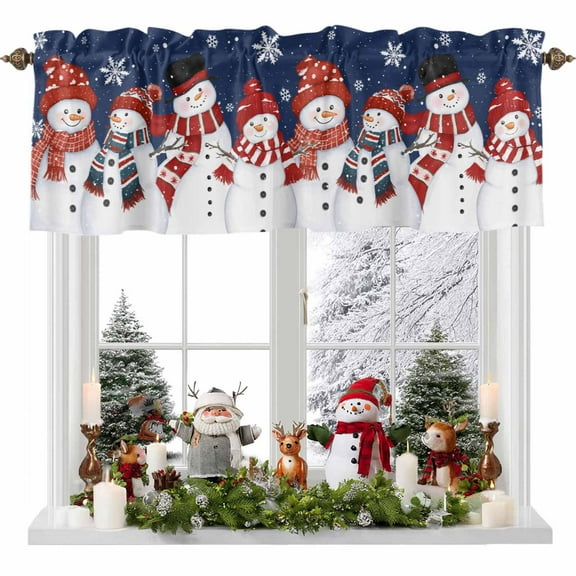Christmas Snowman Snowflakes Dark Blue Curtain Valances,Winter Falling Snow Small Window Treatment for Kitchen Living Room Bathroom,42" x 18"