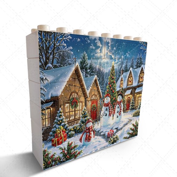 Christmas Snowman & Snowy House Picture Home Office Desk Shelf Table Decoration Novelty Building Brick Funny Block Puzzle Horizontal Shaped Picture for Bedroom Bathroom Kitchen