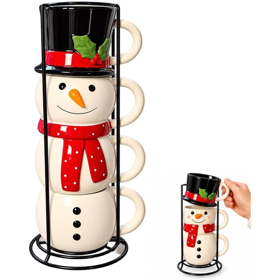 Christmas Snowman Stackable Ceramic Mugs Set of 4, 4 Pack Snowman Stackable Mugs for Seasonal Kitchen and Gift Giving