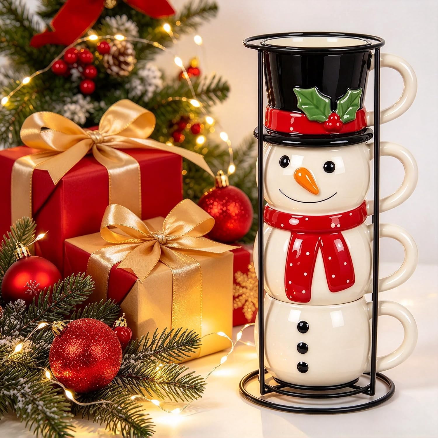 Christmas Snowman Stackable Ceramic Mugs Set of 4, Space Saving ...