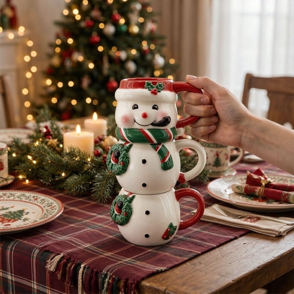 Christmas Snowman Stacking Ceramic Mug Set